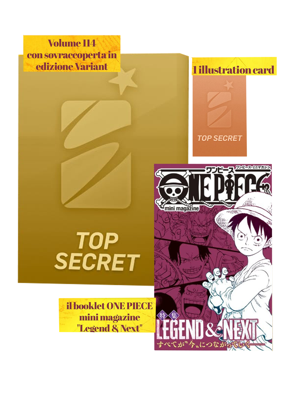 Volantino promozionale di Star Comics che annuncia l'uscita di ONE PIECE n. 114 Limited Edition. La grafica a sfondo giallo mostra i tre contenuti speciali inclusi: due riquadri con la dicitura "Top Secret" per la sovraccoperta variant e la card, e la copertina provvisoria del booklet mini magazine "Legend & Next" che ritrae Luffy, Ace e Sabo.