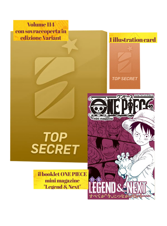 Volantino promozionale di Star Comics che annuncia l'uscita di ONE PIECE n. 114 Limited Edition. La grafica a sfondo giallo mostra i tre contenuti speciali inclusi: due riquadri con la dicitura "Top Secret" per la sovraccoperta variant e la card, e la copertina provvisoria del booklet mini magazine "Legend & Next" che ritrae Luffy, Ace e Sabo.