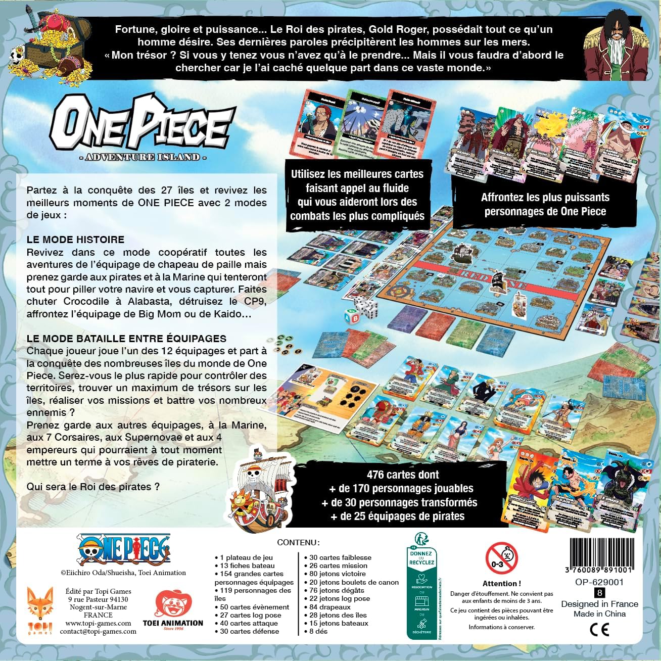 La scatola del gioco da tavolo One Piece Adventure Island edito da Yas!Games, con Luffy e la ciurma in primo piano, il tabellone di gioco colorato e il logo dell'editore.
