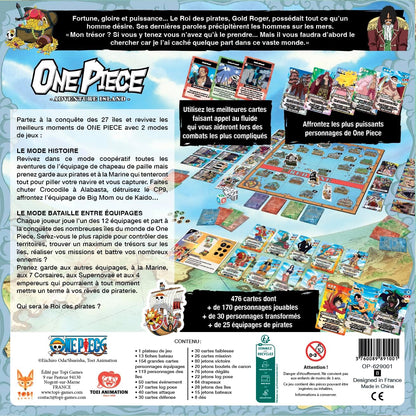 La scatola del gioco da tavolo One Piece Adventure Island edito da Yas!Games, con Luffy e la ciurma in primo piano, il tabellone di gioco colorato e il logo dell'editore.
