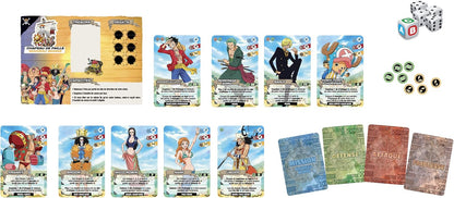 La scatola del gioco da tavolo One Piece Adventure Island edito da Yas!Games, con Luffy e la ciurma in primo piano, il tabellone di gioco colorato e il logo dell'editore.