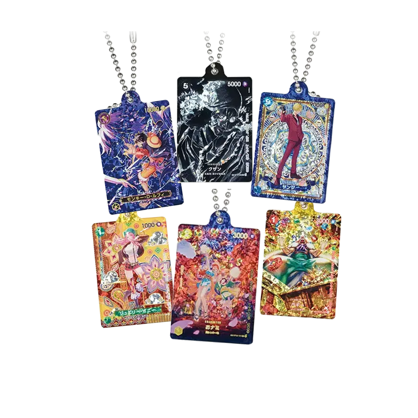 Sei portachiavi in acrilico a forma di carte di One Piece appesi a catenelle, con illustrazioni lucide di vari personaggi su sfondo nero.