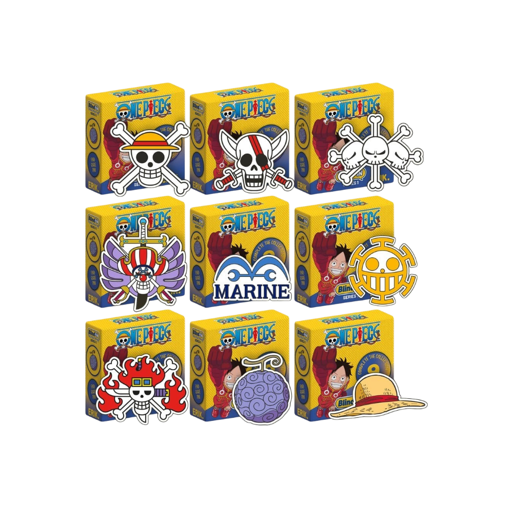 Scatole e spille smaltate a sorpresa BlindPIN Serie 1 di One Piece con loghi dei pirati e della Marina prodotte da Grupo Erik.   