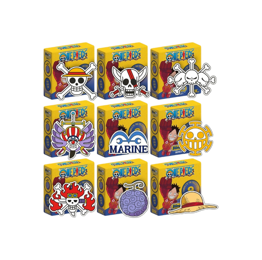 Scatole e spille smaltate a sorpresa BlindPIN Serie 1 di One Piece con loghi dei pirati e della Marina prodotte da Grupo Erik.   