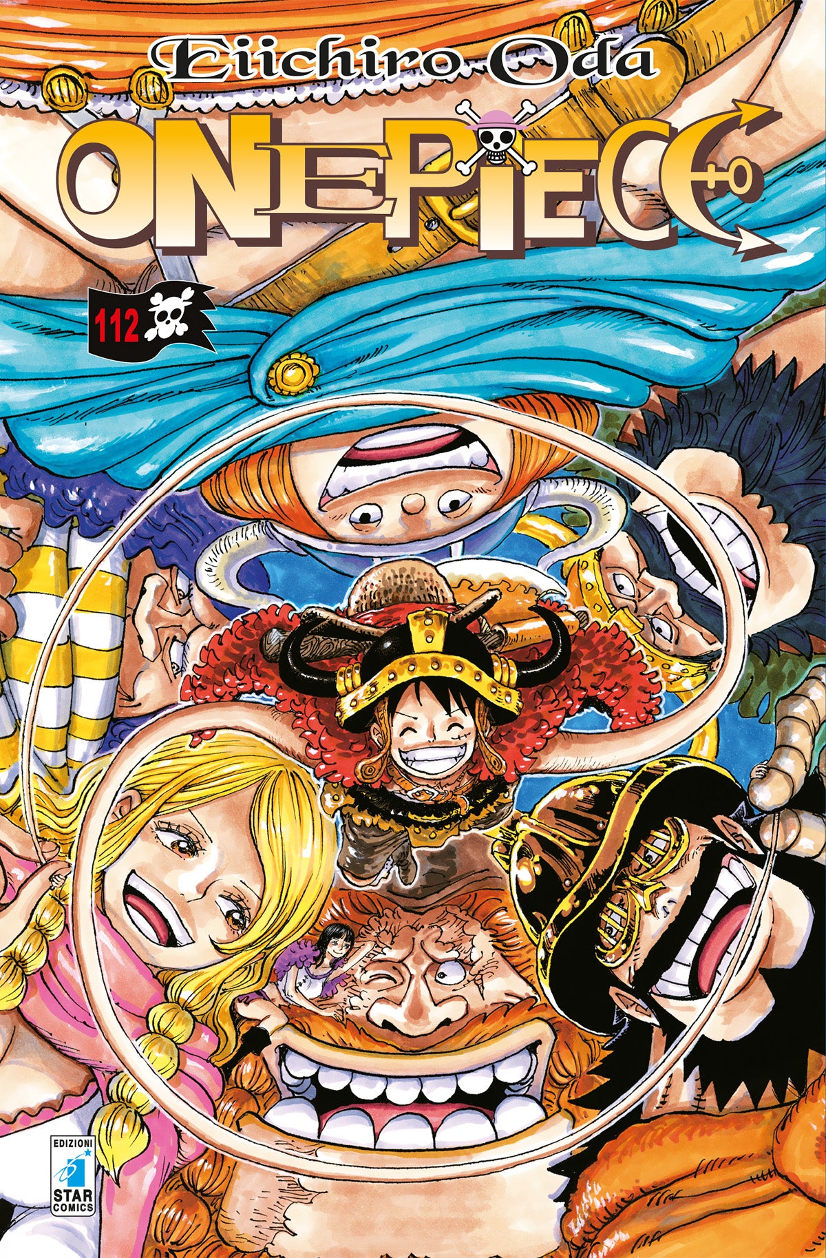 Copertina del manga One Piece Vol. 112; al centro Luffy sorride indossando un elmo vichingo nero con corna dorate. Attorno a lui, disposti a spirale su sfondo arancione, ci sono i volti di vari personaggi tra cui giganti barbuti, Bonney e Kuma.