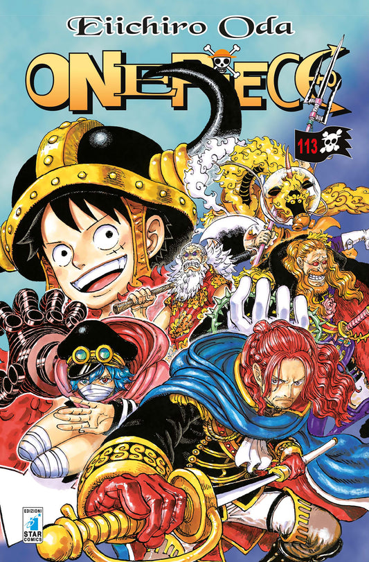 Copertina del manga One Piece volume 113 Edizione Blu. Illustrazione densa e colorata con Rufy sorridente che indossa un grosso elmo da guerriero, Shanks il Rosso in primo piano con la spada sguainata, e altri potenti personaggi in assetto da battaglia.