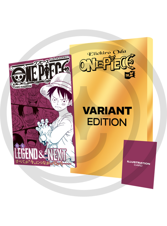Pack speciale di One Piece Volume 114 Variant Edition contenente il mini magazine Legend & Next con Rufy in copertina, un box dorato e una illustration card viola.