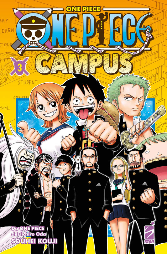 Copertina del manga One Piece Campus Vol. 3; in alto Rufy, Nami e Zoro sorridono spavaldi in divisa scolastica. Nella metà inferiore, i membri della CP9 (Rob Lucci, Kaku, Kalifa, Kumadori e gli altri) sono ritratti con espressioni serie mentre indossano divise scolastiche nere giapponesi (gakuran), su uno sfondo giallo.