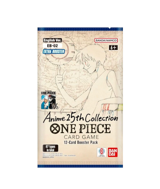 Bustina singola del gioco di carte One Piece set Extra Booster EB-02 "Anime 25th Collection" (versione inglese); la confezione color crema mostra uno schizzo artistico di Monkey D. Luffy che fa girare un cappello di paglia sul dito, con il logo del 25° anniversario dell'anime.