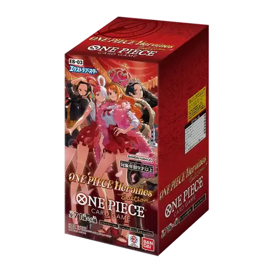 Display Box di colore rosso scuro del One Piece Card Game Extra Booster EB-03 "Heroines Edition" (versione giapponese); l'illustrazione di copertina mostra Nami al centro con Boa Hancock, Uta e Tashigi in abiti eleganti.