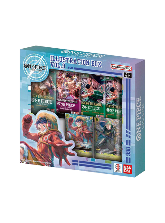 Scatola da collezione "Illustration Box Vol. 3" del One Piece Card Game; la confezione azzurra mostra Monkey D. Luffy in outfit Egghead e contiene 4 bustine d'espansione e 2 carte promozionali di Luffy e Zoro visibili in anteprima.