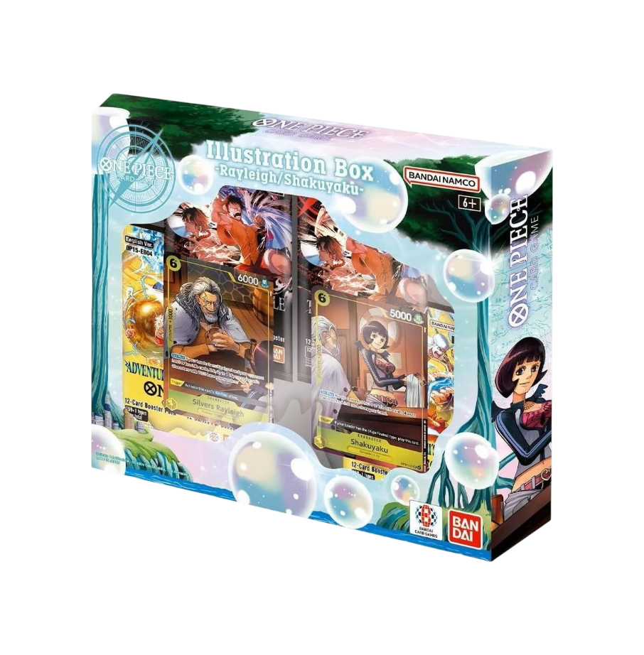 Confezione di One Piece Card Game Illustration Box Vol. 7 IB-07 Rayleigh e Shakuyaku versione inglese Bandai con carte promozionali in evidenza.