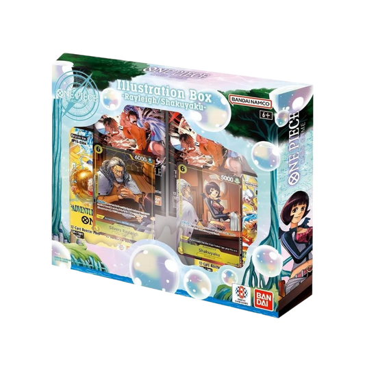 Confezione di One Piece Card Game Illustration Box Vol. 7 IB-07 Rayleigh e Shakuyaku versione inglese Bandai con carte promozionali in evidenza.