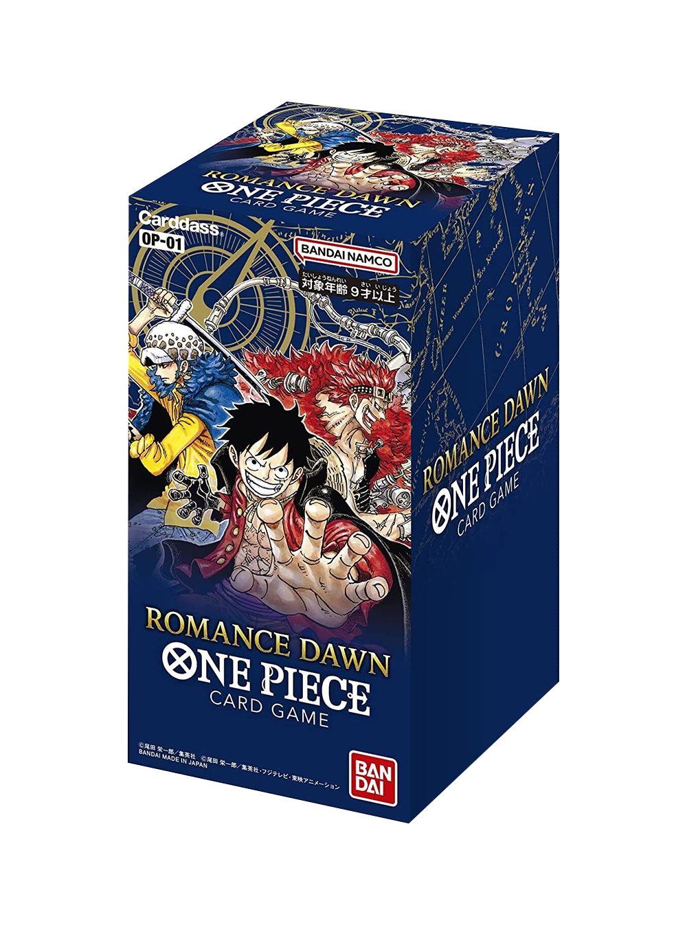 Display Box di colore blu scuro del One Piece Card Game set OP-01 "Romance Dawn" (versione giapponese); l'illustrazione di copertina mostra Monkey D. Luffy al centro che estende la mano, affiancato da Eustass "Captain" Kid e Trafalgar Law.
