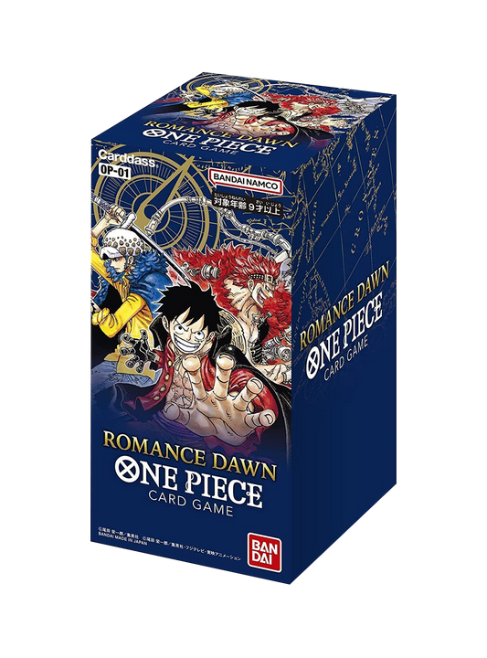 Display Box di colore blu scuro del One Piece Card Game set OP-01 "Romance Dawn" (versione giapponese); l'illustrazione di copertina mostra Monkey D. Luffy al centro che estende la mano, affiancato da Eustass "Captain" Kid e Trafalgar Law.
