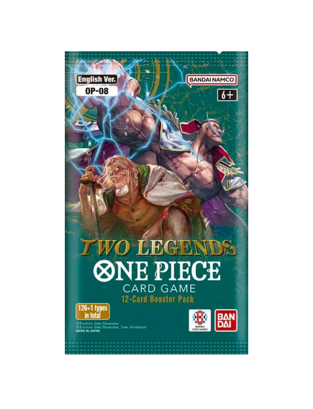 Bustina singola del gioco di carte One Piece set OP-08 "Two Legends" (versione inglese); la confezione verde mostra un'illustrazione epica di Silvers Rayleigh e Barbabianca circondati da fulmini blu.