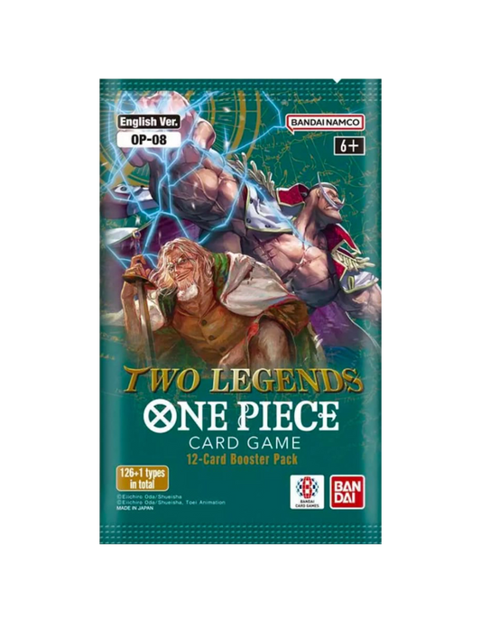 Bustina singola del gioco di carte One Piece set OP-08 "Two Legends" (versione inglese); la confezione verde mostra un'illustrazione epica di Silvers Rayleigh e Barbabianca circondati da fulmini blu.