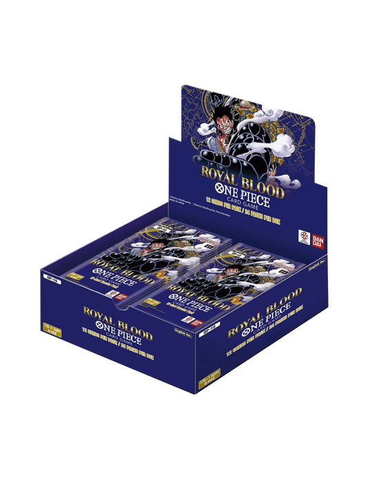 Display Box del gioco di carte One Piece set OP-10 "Royal Blood" (versione inglese); la scatola è di colore blu scuro e viola, con un'illustrazione dinamica di Monkey D. Luffy in Gear 4 Boundman circondato da fumo e fulmini.