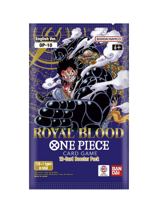 Bustina singola del gioco di carte One Piece set OP-10 "Royal Blood" (versione inglese); la confezione blu scuro mostra un'illustrazione dinamica di Monkey D. Luffy in Gear 4 Boundman circondato da fumo bianco.