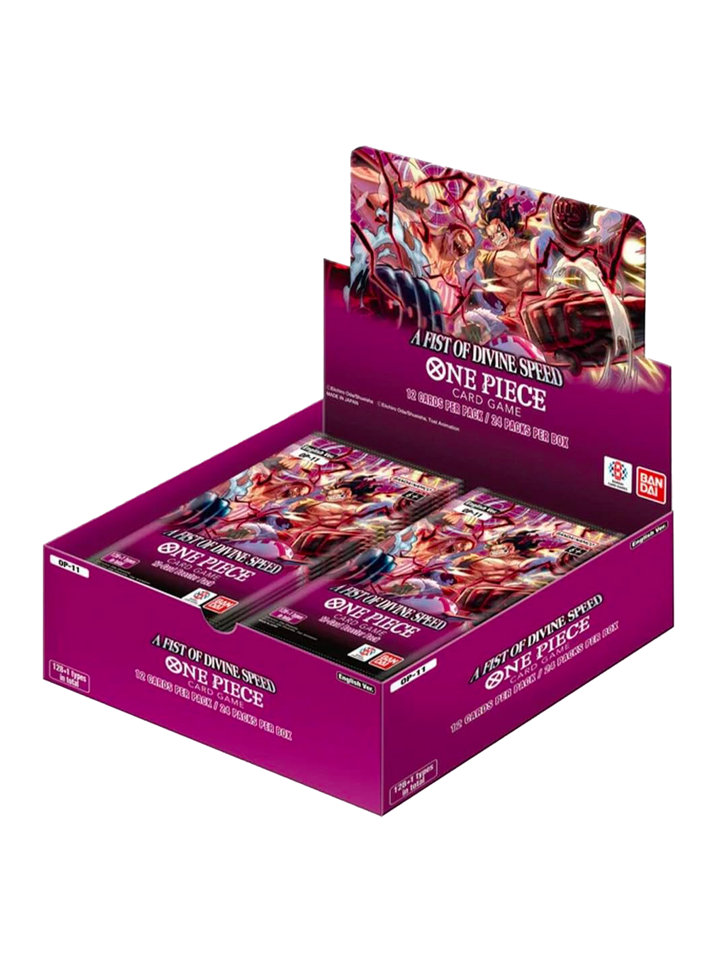 Display Box del gioco di carte One Piece set OP-11 "A Fist of Divine Speed" (versione inglese); la scatola è di colore viola e magenta, con un'illustrazione dinamica che raffigura Monkey D. Luffy in Gear 4 Snakeman e Shanks circondati da fulmini rossi e neri.