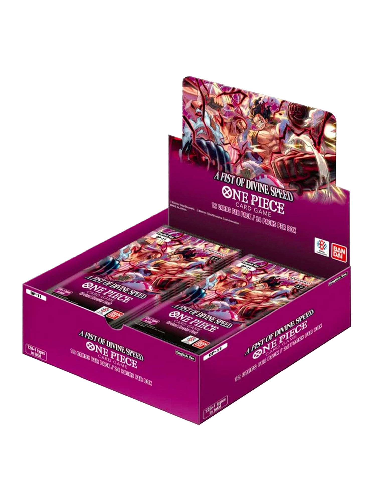 Display Box del gioco di carte One Piece set OP-11 "A Fist of Divine Speed" (versione inglese); la scatola è di colore viola e magenta, con un'illustrazione dinamica che raffigura Monkey D. Luffy in Gear 4 Snakeman e Shanks circondati da fulmini rossi e neri.