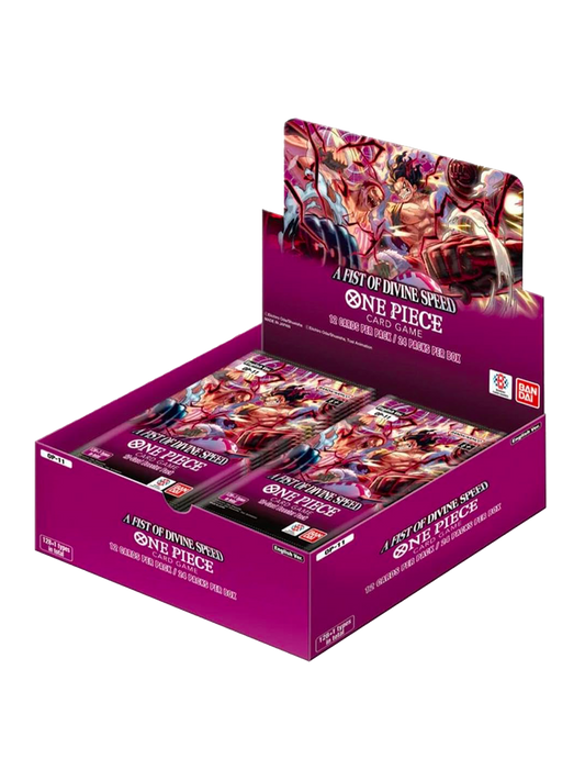 Display Box del gioco di carte One Piece set OP-11 "A Fist of Divine Speed" (versione inglese); la scatola è di colore viola e magenta, con un'illustrazione dinamica che raffigura Monkey D. Luffy in Gear 4 Snakeman e Shanks circondati da fulmini rossi e neri.