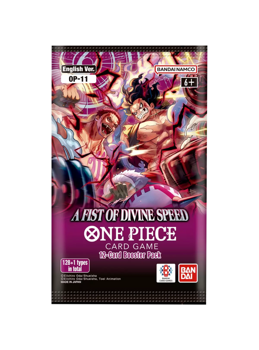 Bustina singola del gioco di carte One Piece set OP-11 "A Fist of Divine Speed"; l'illustrazione dinamica mostra lo scontro tra Monkey D. Luffy in Gear 4 Snakeman e Charlotte Katakuri circondati da fulmini rossi e viola.