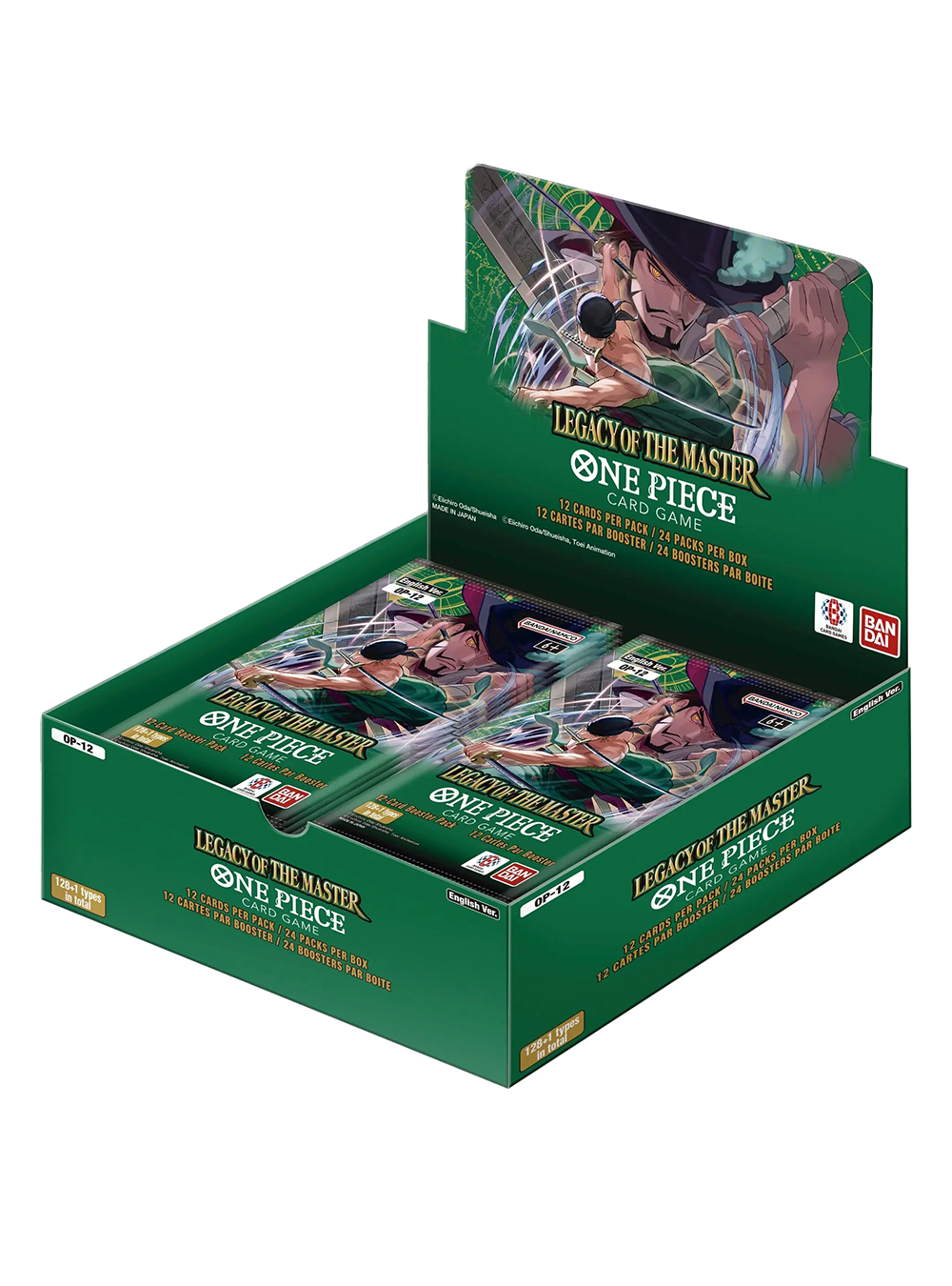 Display Box di colore verde del gioco di carte One Piece set OP-12 "Legacy of the Master" (versione inglese); la scatola mostra un'illustrazione d'azione con Roronoa Zoro e Dracule Mihawk che incrociano le lame.