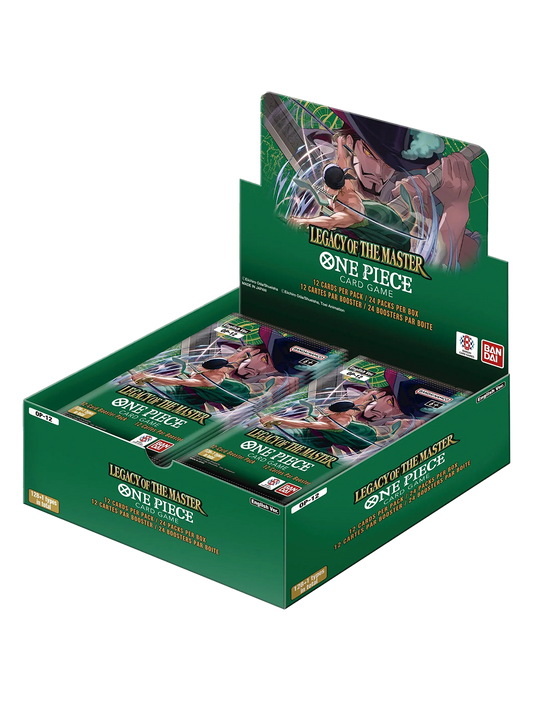 Display Box di colore verde del gioco di carte One Piece set OP-12 "Legacy of the Master" (versione inglese); la scatola mostra un'illustrazione d'azione con Roronoa Zoro e Dracule Mihawk che incrociano le lame.