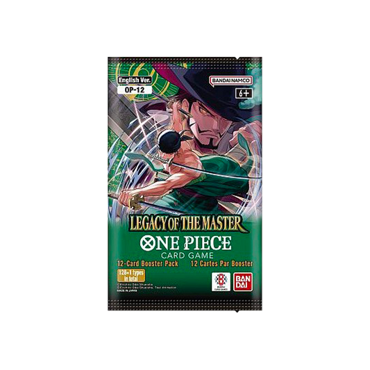 Bustina singola del gioco di carte One Piece set OP-12 "Legacy of the Master" (versione inglese); la confezione verde mostra un'illustrazione d'azione di Roronoa Zoro e Dracule Mihawk con le spade sguainate.