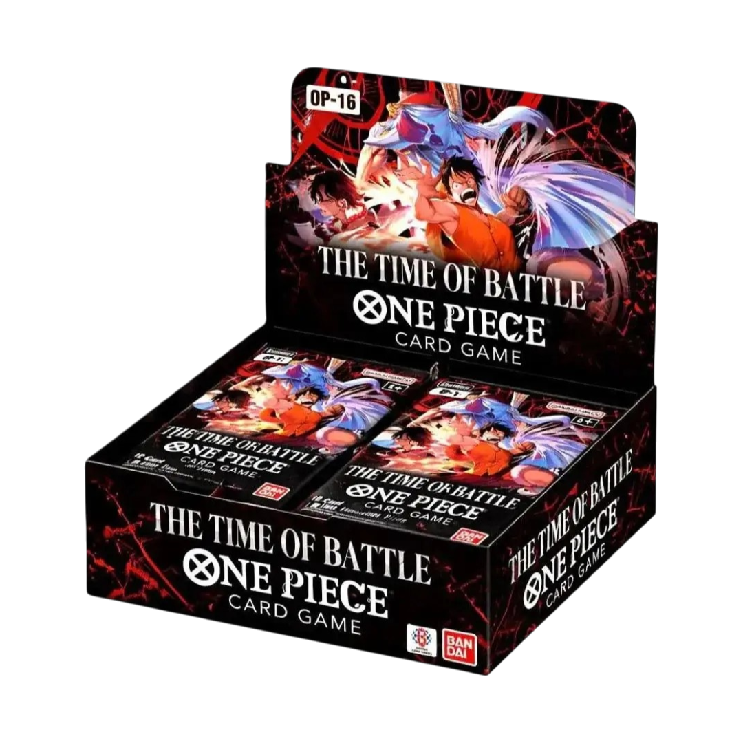 Box espositivo aperto dell'espansione OP-16 The Time of Battle per il gioco di carte di One Piece. La confezione, caratterizzata da grafiche rosso sangue e nero su sfondo oscuro, mostra le illustrazioni epiche e dinamiche di Luffy, Ace e Barbabianca in posa da combattimento, con le bustine d'espansione in bella vista al suo interno