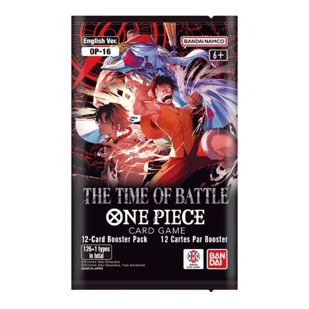 Bustina d'espansione singola OP-16 The Time of Battle per il gioco di carte di One Piece in lingua inglese. Sulla confezione nera con dettagli rossi spiccano le illustrazioni dinamiche ed epiche di Luffy, Ace e Barbabianca pronti a combattere.