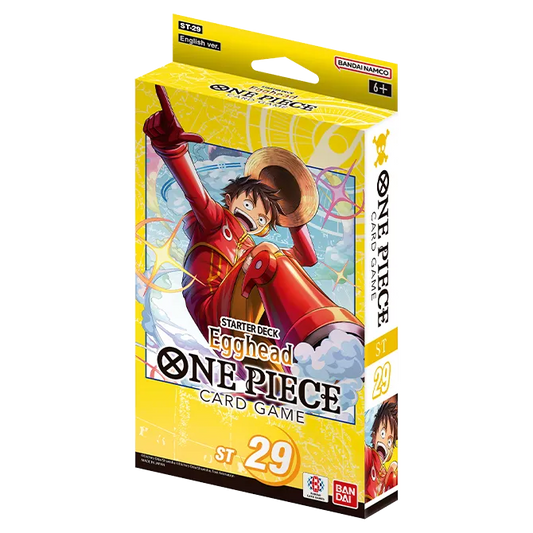 Scatola gialla del One Piece Card Game Starter Deck ST-29 Egghead; in copertina un'illustrazione dinamica di Monkey D. Luffy in outfit futuristico rosso, con indicazione del Bonus Pack incluso.
