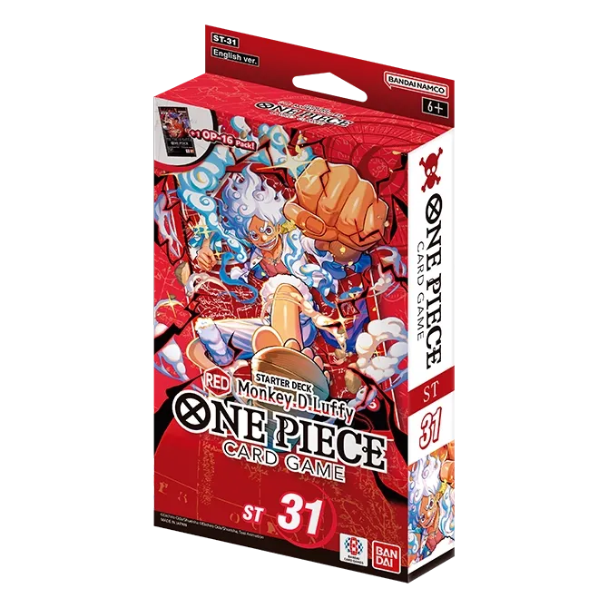 Scatola dello Starter Deck ST-31 di colore rosso in lingua inglese del gioco di carte collezionabili One Piece Card Game, prodotto da Bandai. L'illustrazione della confezione mostra in primo piano Monkey D. Luffy nella sua forma Gear 5 con capelli bianchi mentre sferra un pugno, affiancato dalle diciture ST-31 English ver. e +1 OP-16 Pack.