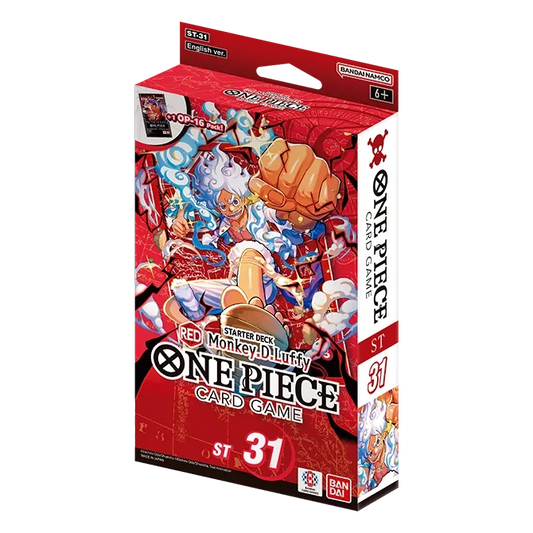 Scatola dello Starter Deck ST-31 di colore rosso in lingua inglese del gioco di carte collezionabili One Piece Card Game, prodotto da Bandai. L'illustrazione della confezione mostra in primo piano Monkey D. Luffy nella sua forma Gear 5 con capelli bianchi mentre sferra un pugno, affiancato dalle diciture ST-31 English ver. e +1 OP-16 Pack.
