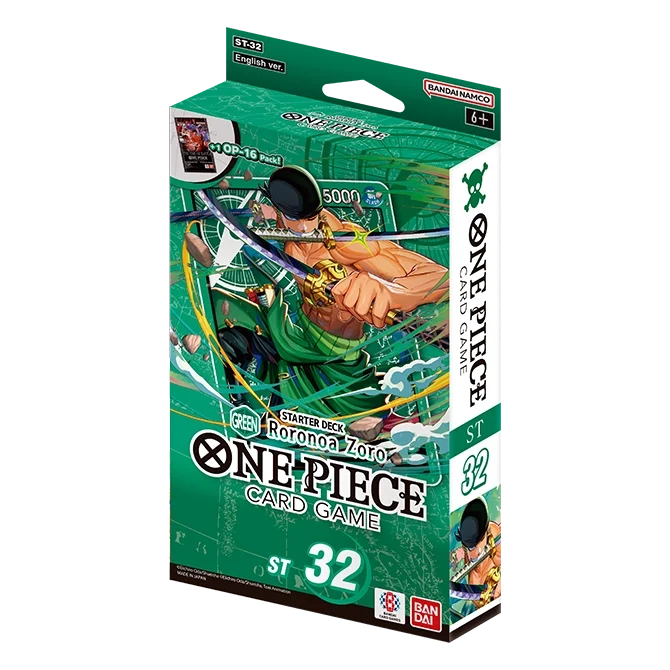Scatola dello Starter Deck ST-32 di colore verde in lingua inglese del gioco di carte collezionabili One Piece Card Game, prodotto da Bandai. L'illustrazione della confezione mostra in primo piano Roronoa Zoro con la bandana nera legata in testa mentre impugna la katana tra i denti e due spade nelle mani, affiancato dalle diciture ST-32 English ver. e +1 OP-16 Pack.