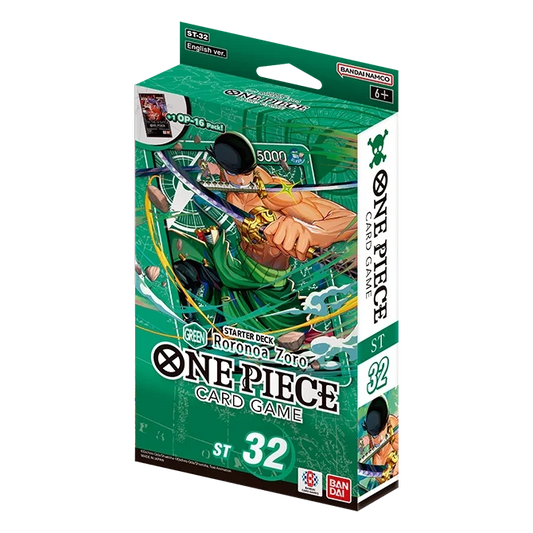 Scatola dello Starter Deck ST-32 di colore verde in lingua inglese del gioco di carte collezionabili One Piece Card Game, prodotto da Bandai. L'illustrazione della confezione mostra in primo piano Roronoa Zoro con la bandana nera legata in testa mentre impugna la katana tra i denti e due spade nelle mani, affiancato dalle diciture ST-32 English ver. e +1 OP-16 Pack.