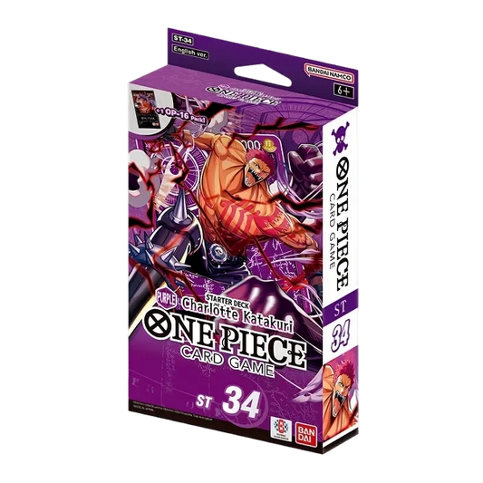 Scatola dello Starter Deck ST-34 di colore viola in lingua inglese del gioco di carte collezionabili One Piece Card Game, prodotto da Bandai. L'illustrazione della confezione mostra in primo piano Charlotte Katakuri a torso nudo con tatuaggi rosa e bocca aperta che mostra i denti affilati mentre sferra un attacco imponente, affiancato dalle diciture ST-34 English ver. e +1 OP-16 Pack.