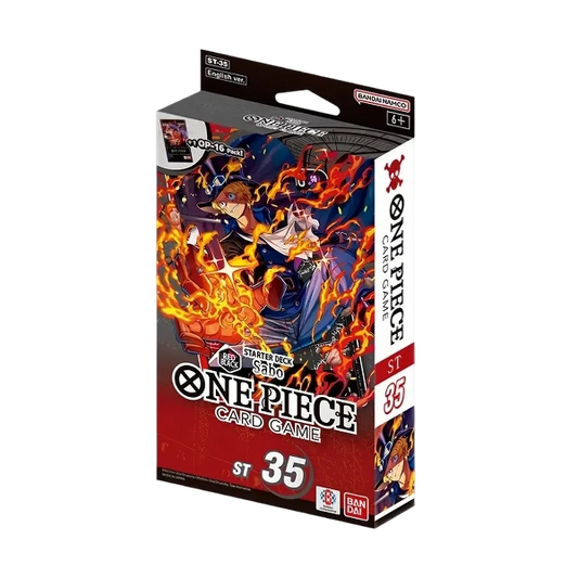 Scatola dello Starter Deck ST-35 in lingua inglese del gioco di carte collezionabili One Piece Card Game, prodotto da Bandai. L'illustrazione della confezione mostra in primo piano Sabo con il cappello a cilindro, gli occhialoni e le mani avvolte dal fuoco, affiancato dallo stemma bicolore Red/Black e dalle diciture ST-35 English ver. e +1 OP-16 Pack.