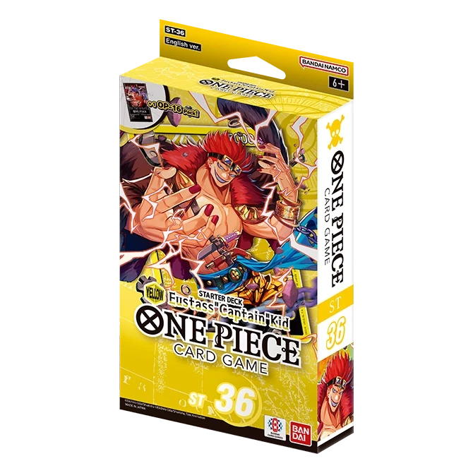 Scatola dello Starter Deck ST-36 di colore giallo in lingua inglese del gioco di carte collezionabili One Piece Card Game, prodotto da Bandai. L'illustrazione della confezione mostra in primo piano Eustass "Captain" Kid con la sua pelliccia rossa e il braccio magnetico circondato da scariche rosse, affiancato dalle diciture ST-36 English ver. e +1 OP-16 Pack.