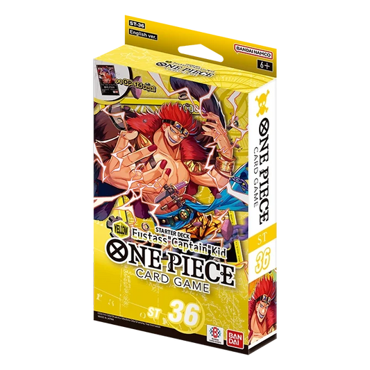 Scatola dello Starter Deck ST-36 di colore giallo in lingua inglese del gioco di carte collezionabili One Piece Card Game, prodotto da Bandai. L'illustrazione della confezione mostra in primo piano Eustass "Captain" Kid con la sua pelliccia rossa e il braccio magnetico circondato da scariche rosse, affiancato dalle diciture ST-36 English ver. e +1 OP-16 Pack.