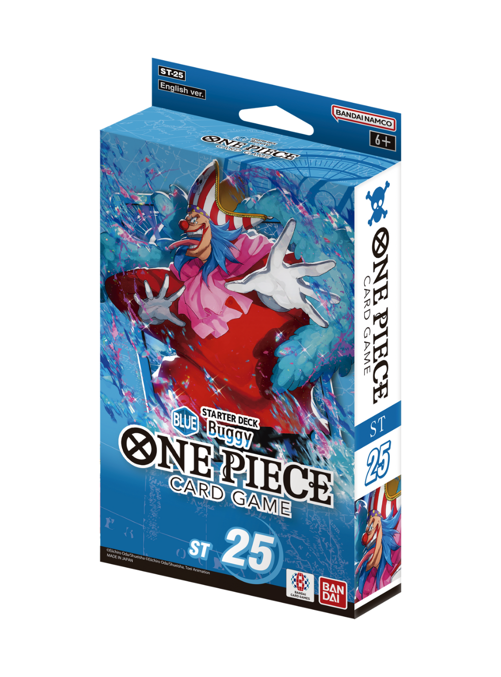 Scatola blu del One Piece Card Game Starter Deck ST-25 "Buggy"; l'illustrazione mostra Buggy il Clown in una posa teatrale ed eccentrica, circondato da effetti grafici blu e coriandoli.