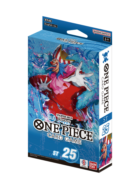 Scatola blu del One Piece Card Game Starter Deck ST-25 "Buggy"; l'illustrazione mostra Buggy il Clown in una posa teatrale ed eccentrica, circondato da effetti grafici blu e coriandoli.