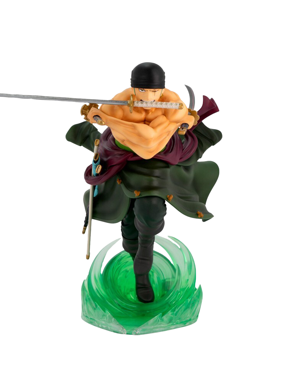 Action figure di Roronoa Zoro linea SFC Abystyle Studio; il personaggio indossa il classico outfit verde e utilizza la tecnica a tre spade in una posa di combattimento aerea su una base effetto vortice verde.
