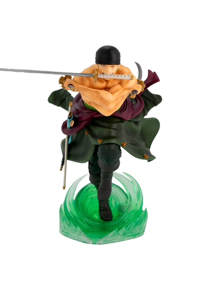 Action figure di Roronoa Zoro linea SFC Abystyle Studio; il personaggio indossa il classico outfit verde e utilizza la tecnica a tre spade in una posa di combattimento aerea su una base effetto vortice verde.
