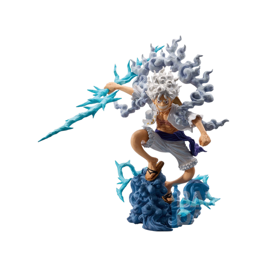 Figure di Luffy di One Piece in versione Gear 5, con capelli e abiti bianchi, in posa dinamica mentre impugna un fulmine su una base di nuvole.