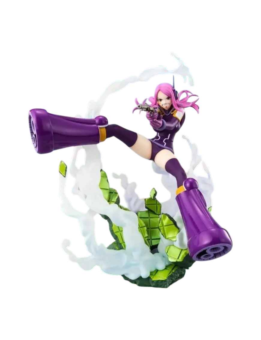 Statua Figuarts ZERO di Jewelry Bonney da One Piece. La figure mostra la piratessa a mezz'aria con outfit viola dell'arco di Egghead, pistola in pugno e circondata da effect parts di fumo e detriti.