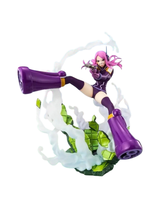 Statua Figuarts ZERO di Jewelry Bonney da One Piece. La figure mostra la piratessa a mezz'aria con outfit viola dell'arco di Egghead, pistola in pugno e circondata da effect parts di fumo e detriti.