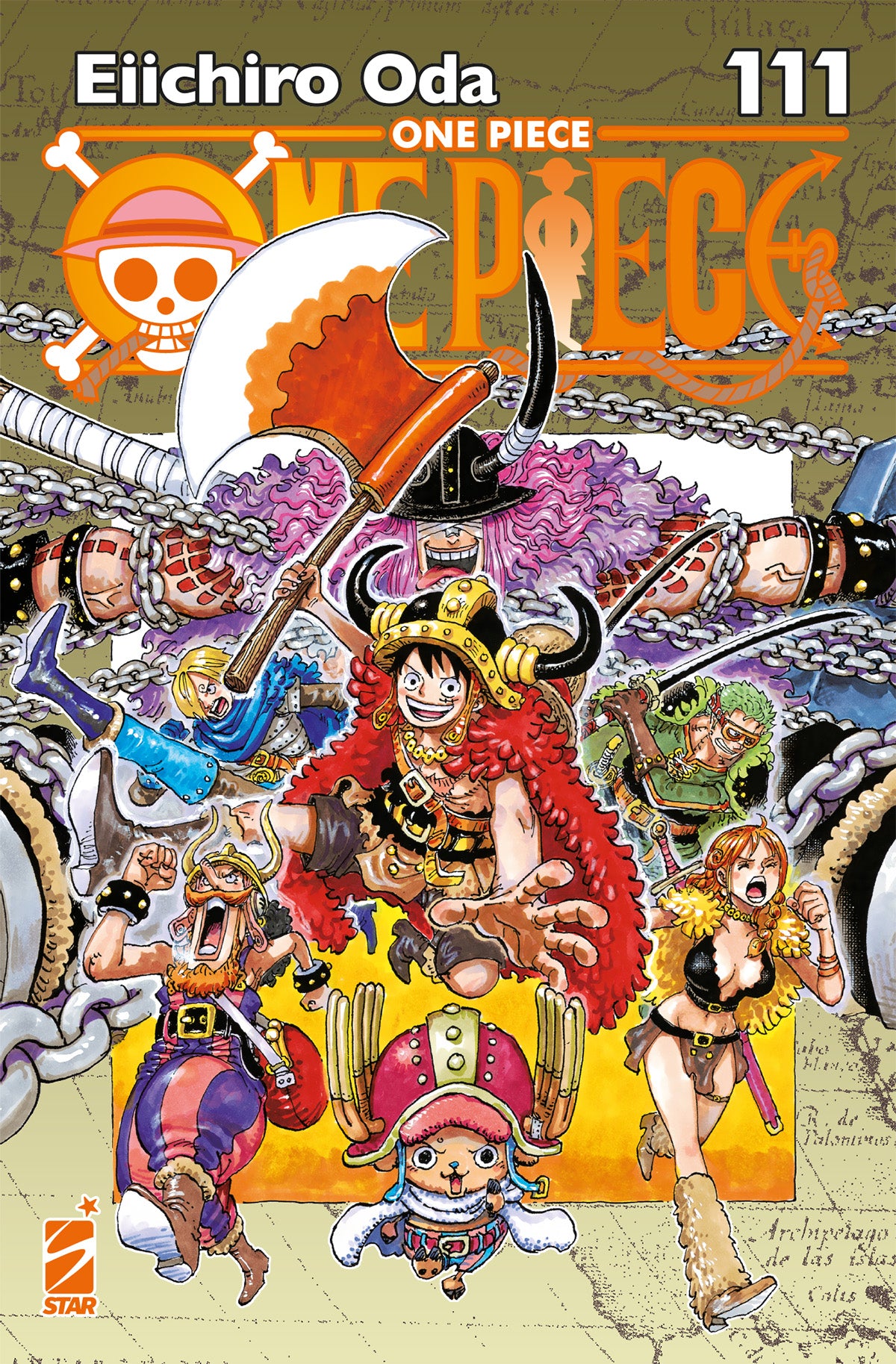 Copertina del centoundicesimo volume in italiano del manga 'One Piece New Edition' di Eiichiro Oda, edito da Star Comics. L'illustrazione su uno sfondo raffigurante una mappa antica con catene ritrae al centro Rufy sorridente in armatura con mantello rosso, elmo vichingo e una gigantesca ascia sulla spalla, circondato dai compagni della ciurma (Zoro, Nami, Sanji, Usopp e Chopper) anch'essi vestiti con abiti da guerrieri, con il titolo ONE PIECE in arancione in alto, il nome Eiichiro Oda e il numero 111 in a