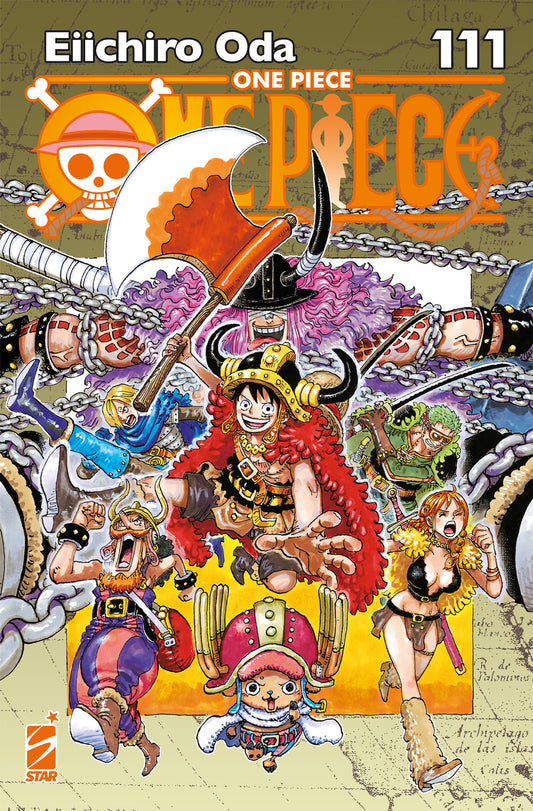 Copertina del centoundicesimo volume in italiano del manga 'One Piece New Edition' di Eiichiro Oda, edito da Star Comics. L'illustrazione su uno sfondo raffigurante una mappa antica con catene ritrae al centro Rufy sorridente in armatura con mantello rosso, elmo vichingo e una gigantesca ascia sulla spalla, circondato dai compagni della ciurma (Zoro, Nami, Sanji, Usopp e Chopper) anch'essi vestiti con abiti da guerrieri, con il titolo ONE PIECE in arancione in alto, il nome Eiichiro Oda e il numero 111 in a